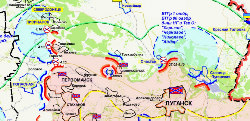 Позиции армии Новороссии в районе Луганска