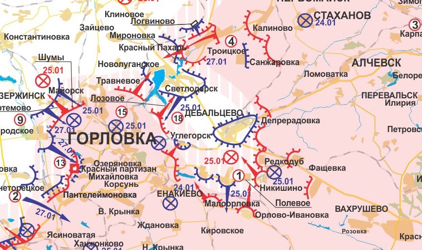 Карта боевых действий в Новороссии за 26-27 января