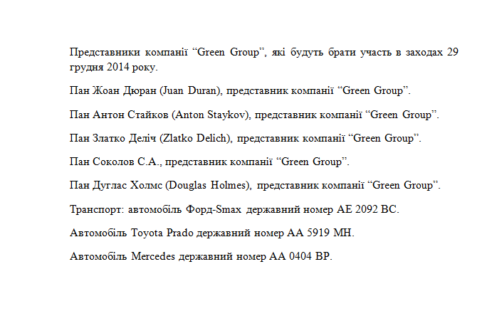Список представителей «Green Group», посетивших Украину: