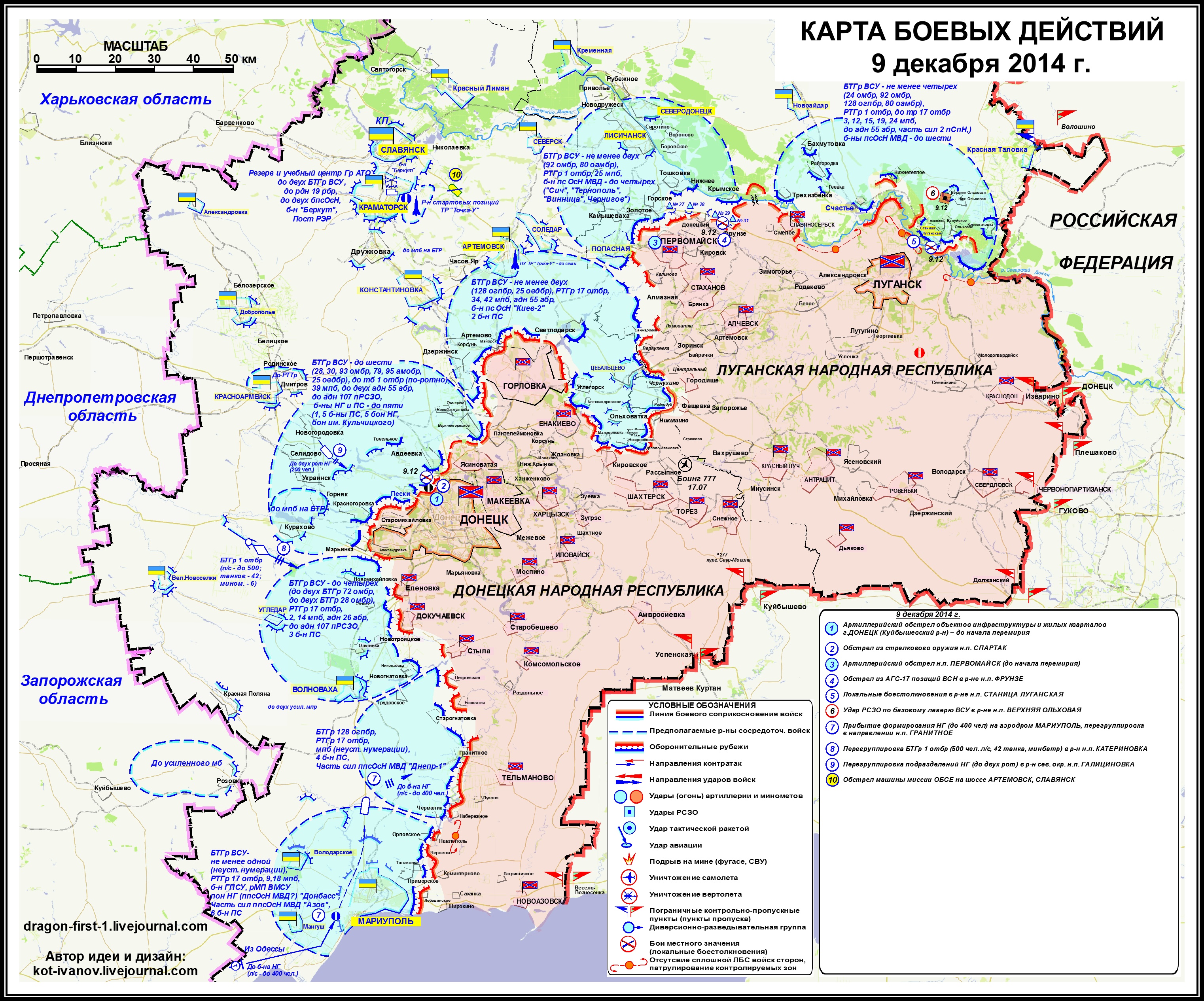 Карта боевых действий в Новороссии  9 декабря