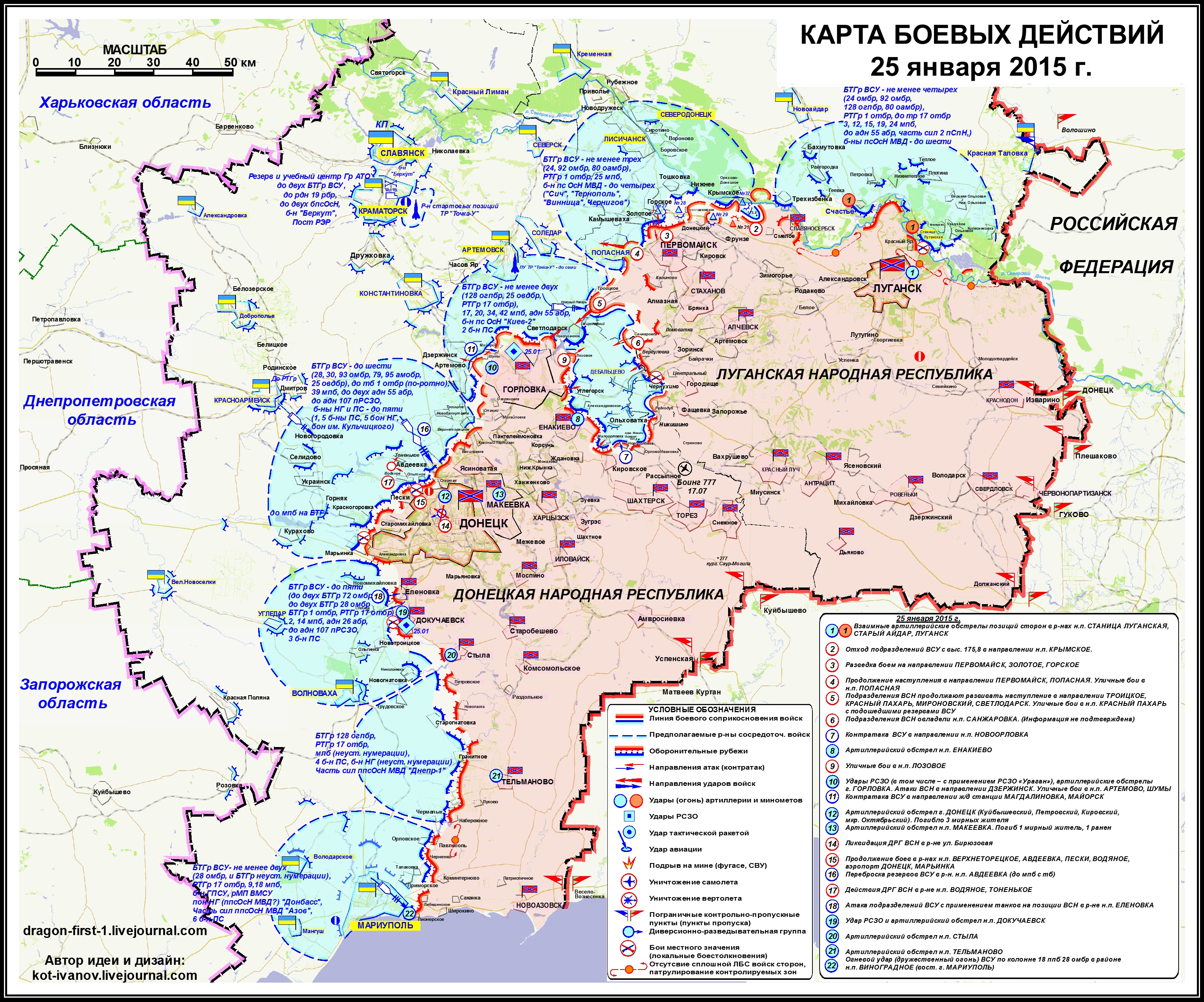 Карта боевых действий в Новороссии за 25.01.15