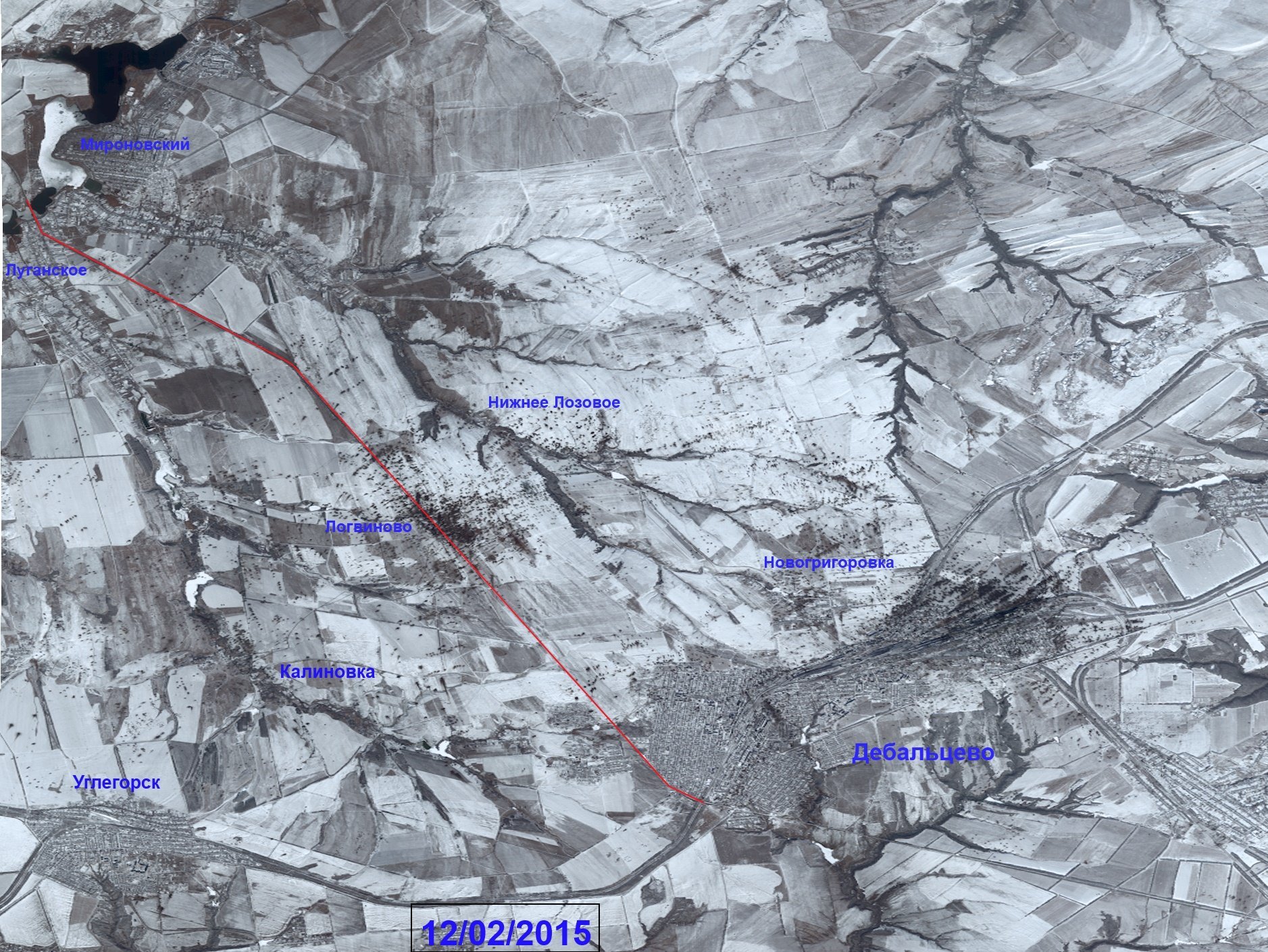 Спутниковый снимок района Дебальцевского котла на 12 февраля