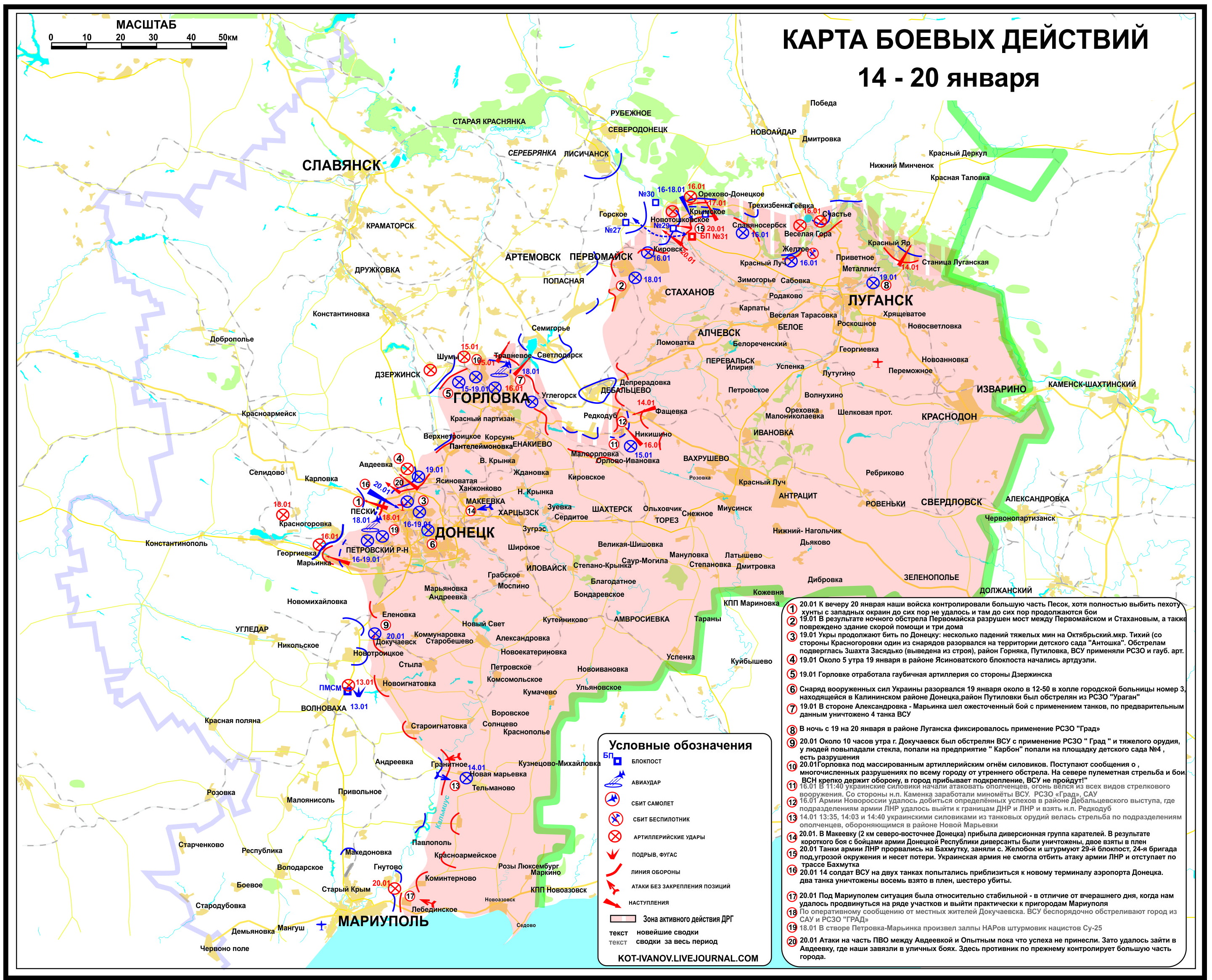 Карта боевых действий в Новороссии 14-20 января