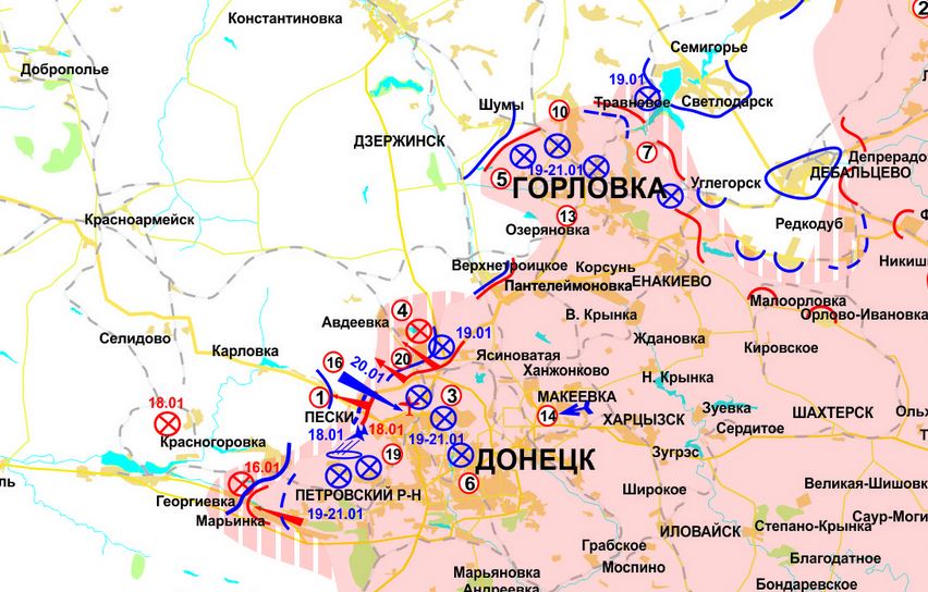 Карта боевых действий в Новороссии за 19-21 января