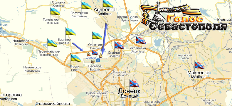 По состоянию на 22:00 аэропорт Донецка и близлежащие районы города находились под обстрелом. Огонь велся с н.п. Авдеевка, Опытное, Водяное.